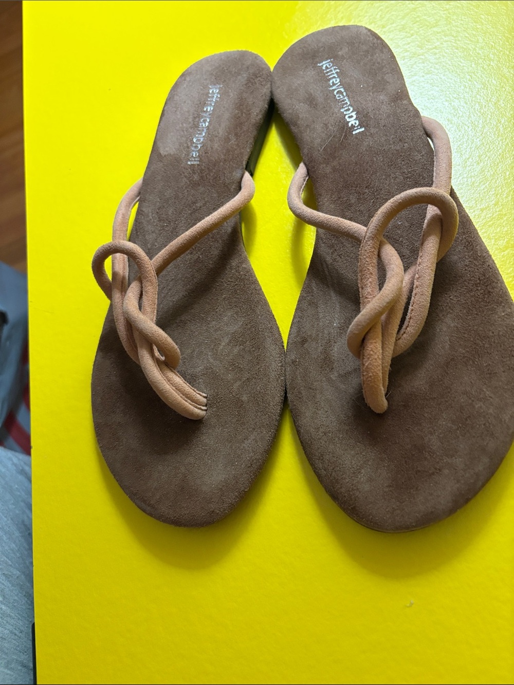 Jeffrey Campbell Brown Suede Knot Toe-Loop Sandals with Light Tan Straps